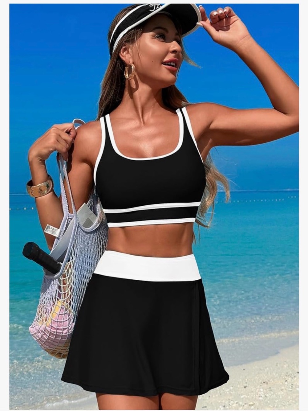 Black & White Sporty Tank Bikini Set with Skirt